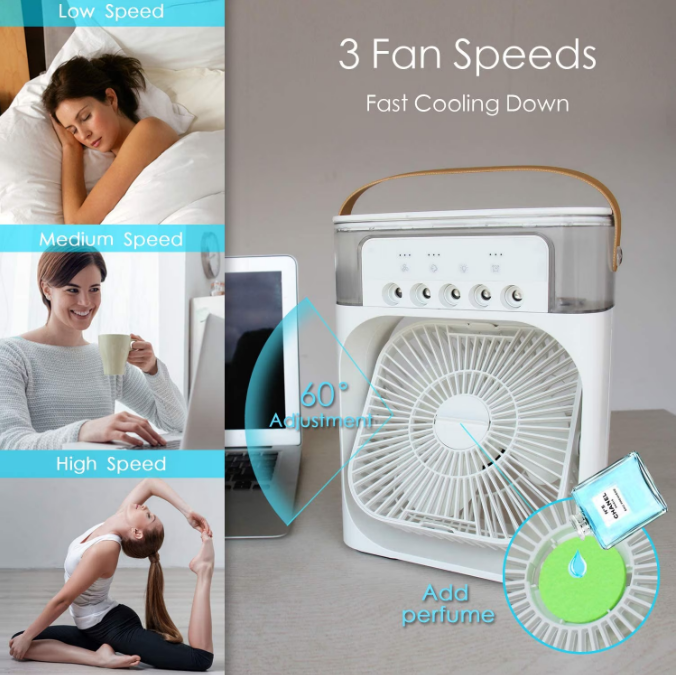 Mini Răcitor de Aer Portabil AT PERFORMANCE® – Ventilator Personal 4 în 1 cu Umidificator, LED 7 Culori, Timer și 3 Viteze, Alimentare USB