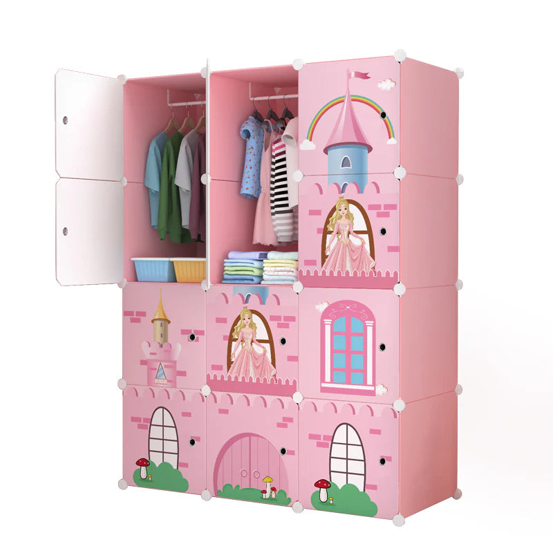 Dulap modular pentru copii, roz, AT PERFORMANCE®, 12 rafturi, durabil, 110X37X147 cm, castel printese