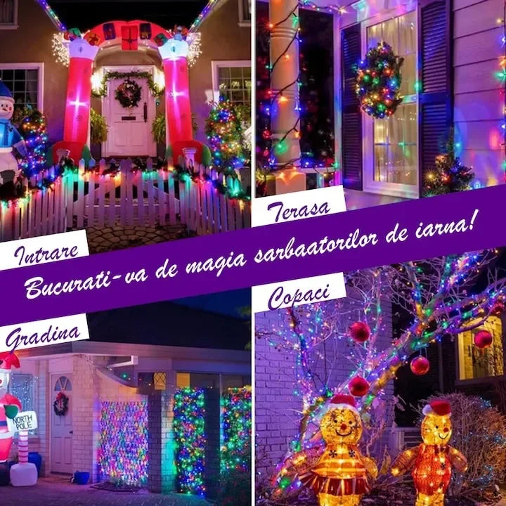 Rola Instalație de Crăciun Liniară, AT PERFORMANCE®, 480 LED-uri, 8 Jocuri de Lumini Interschimbabile, Alimentare la Priză pentru Interior/Exterior, Rola 100m, Fir Negru, Multicolor