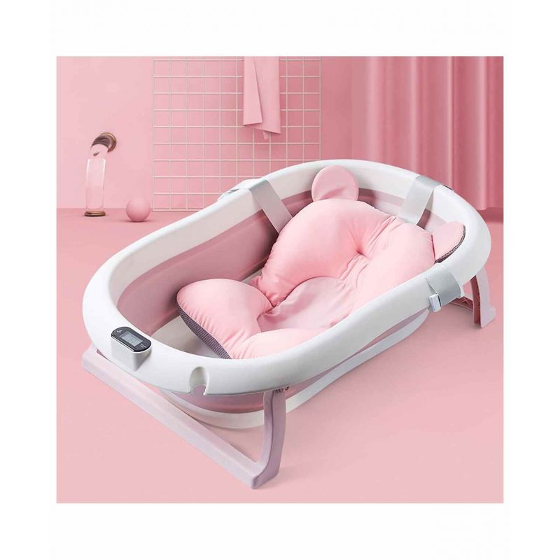Cadita pliabila cu termometru incorporat si PERNA INCLUSA, Dimensiuni 83 x 50 x 20 cm, Material PP/TPE, Pliere rapida, Usor de utilizat, Picioare antiderapante, Varsta 0-3 ani, Structura Solida, Culoare Roz