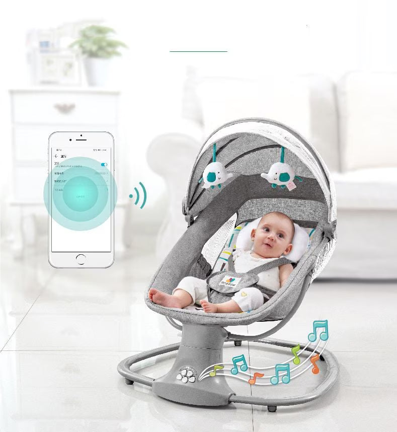 Balansoar copii AT PERFORMANCE 3 in 1, Electric, cu Plasa Tantari, Perna Detasabila, Jucarii, USB, Bluetooth, Telecomanda, 0-3 ani, Gri