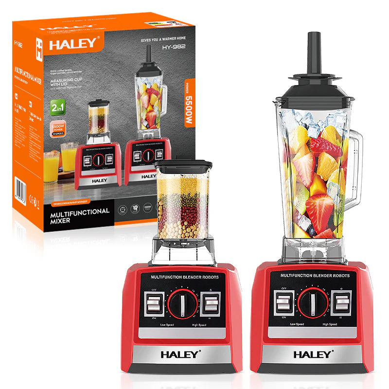 Blender Profesional HALEY® HY-982, 5500W, Recipient 2.5L, Lame din Oțel Inoxidabil, Funcționare Umed/Uscat, Roșu/Negru