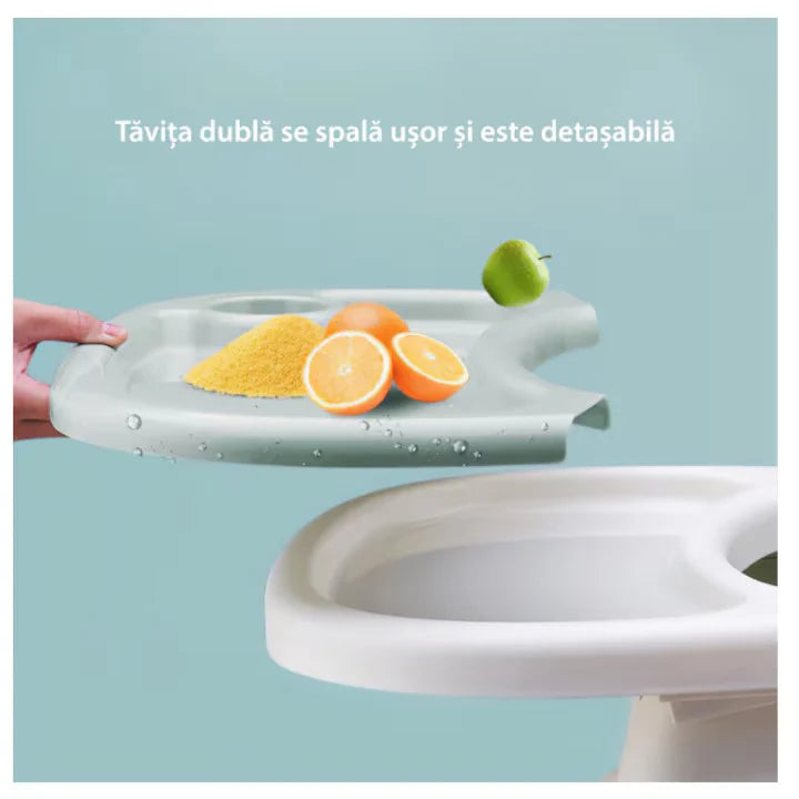 Scaun de masa bebe, At Performance, Pliabil, Inaltime ajustabila 5 pozitii, 4 roti, Structura otel, gri.