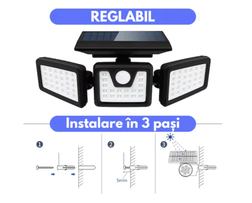Lampa LED exterior panou solar, cu senzori de amurg, miscare si lumina, 3 capete reglabile, 74 x LED, 3 trepte intensitate