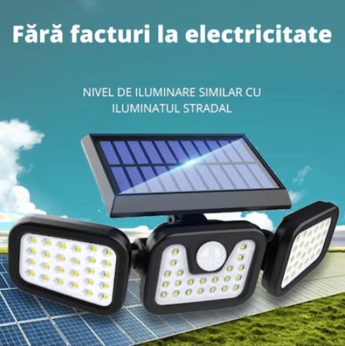 Lampa LED exterior panou solar, cu senzori de amurg, miscare si lumina, 3 capete reglabile, 74 x LED, 3 trepte intensitate