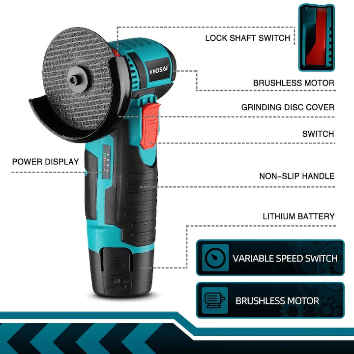Mini Polizor Flex Unghiular Portabil, AT PERFORMANCE®, 2 acumulatori 12V, 750W, 1500 mAh, 19500 rpm, 6 discuri 76 mm, Autonomie Mare, Portocaliu/Negru.